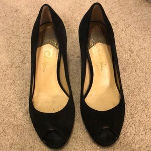 Cole Haan Black Suede Peep Toe Pumps